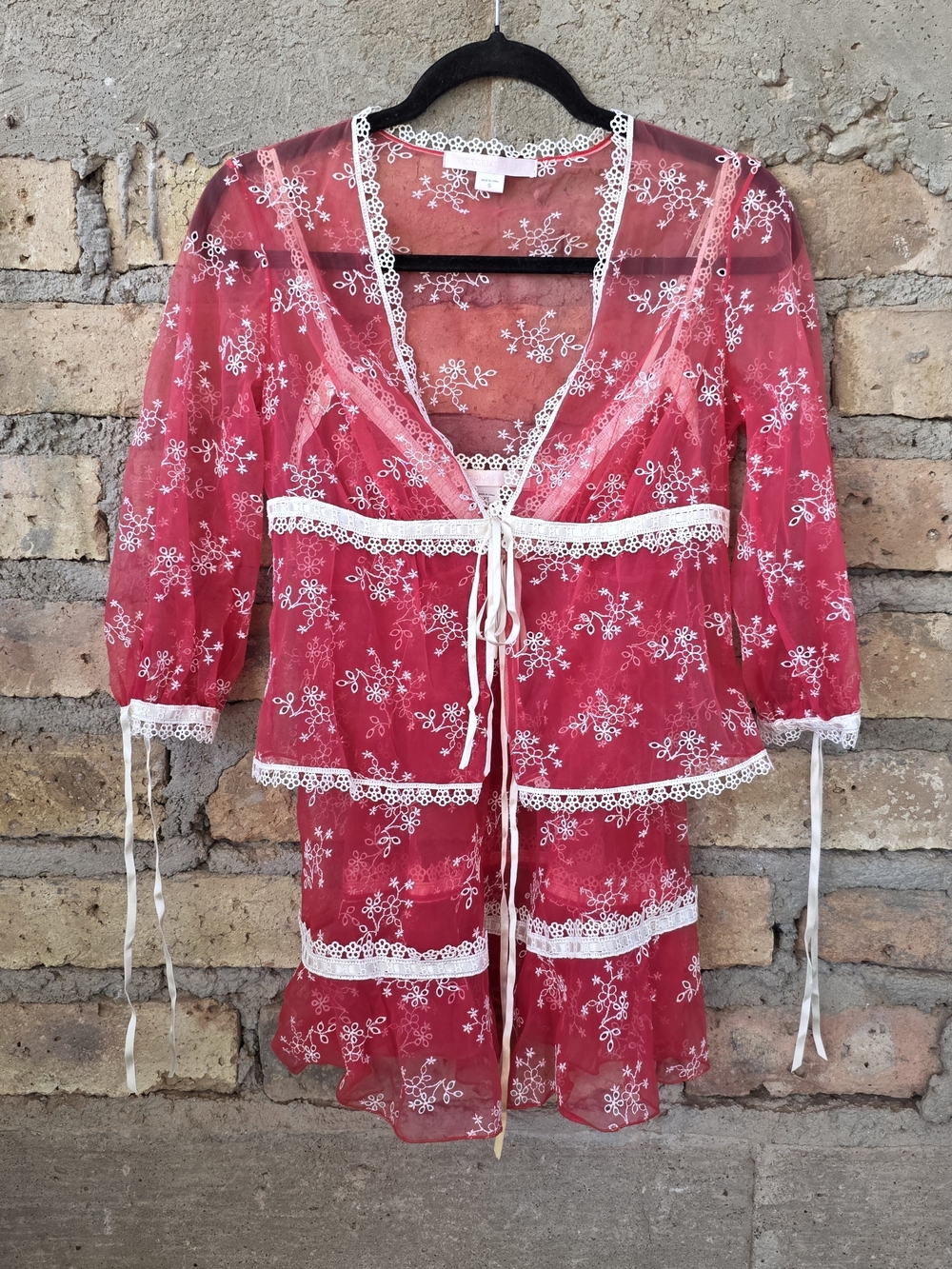 Vtg Victoria's Secret 2002 Red Mesh Embroidered Babydoll Slip Robe Set XS S